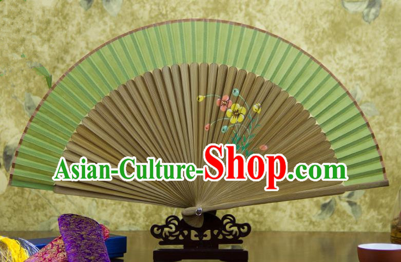 Traditional Chinese Handmade Crafts Hand Painting Flowers Folding Fan, China Classical Green Sensu Silk Fan Hanfu Fans for Women