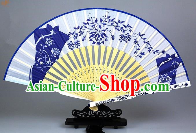 Traditional Chinese Handmade Crafts Blue and White Porcelain Folding Fan, China Classical Cheongsam Sensu Silk Fan Hanfu Fans for Women