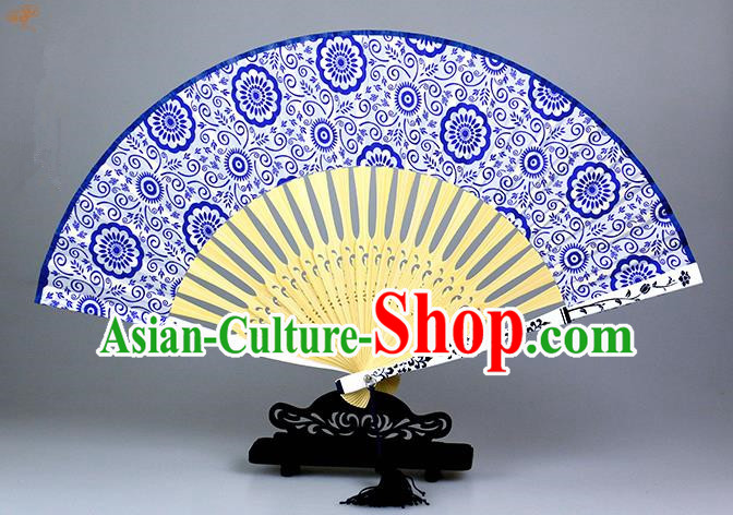 Traditional Chinese Handmade Crafts Blue and White Porcelain Folding Fan, China Classical Sensu Silk Fan Hanfu Fans for Women