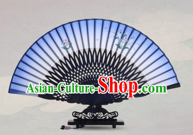 Traditional Chinese Handmade Crafts Painting Flowers Folding Fan, China Classical Sensu Blue Silk Fan Hanfu Fans for Women