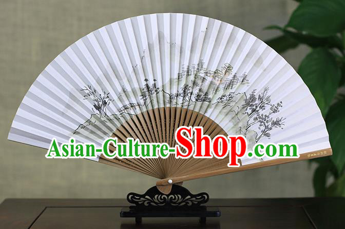 Traditional Chinese Handmade Crafts Ink Painting Mountains Scenery Folding Fan, China Classical Art Paper Sensu Xuan Paper Fan Hanfu Fans for Men