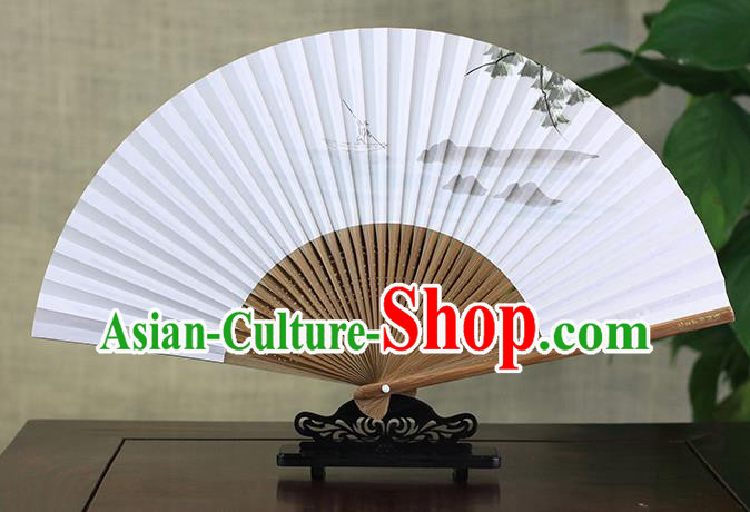 Traditional Chinese Handmade Crafts Ink Painting Fisherboat Folding Fan, China Classical Art Paper Sensu Xuan Paper Fan Hanfu Fans for Men