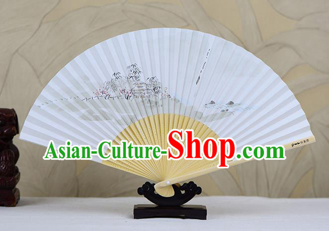 Traditional Chinese Handmade Crafts Ink Painting Lake Scenery Folding Fan, China Classical Art Paper Sensu Xuan Paper Fan Hanfu Fans for Men