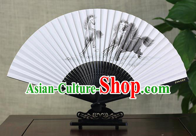 Traditional Chinese Handmade Crafts Ink Painting Horses Folding Fan, China Classical Art Paper Sensu Xuan Paper Fan Hanfu Fans for Men