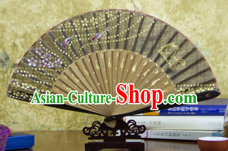 Traditional Chinese Handmade Crafts Printing Flower Bamboo Folding Fan, China Classical Linen Sensu Grey Fan Hanfu Fans for Women