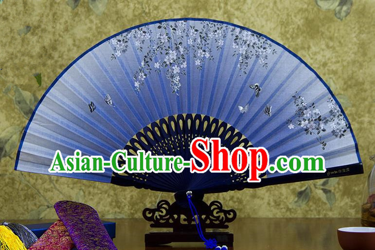 Traditional Chinese Handmade Crafts Printing Flower Folding Fan, China Classical Linen Sensu Blue Fan Hanfu Fans for Women