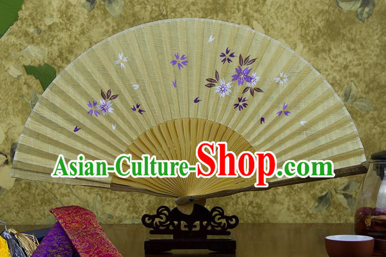 Traditional Chinese Handmade Crafts Printing Flower Folding Fan, China Classical Linen Sensu Yellow Fan Hanfu Fans for Women