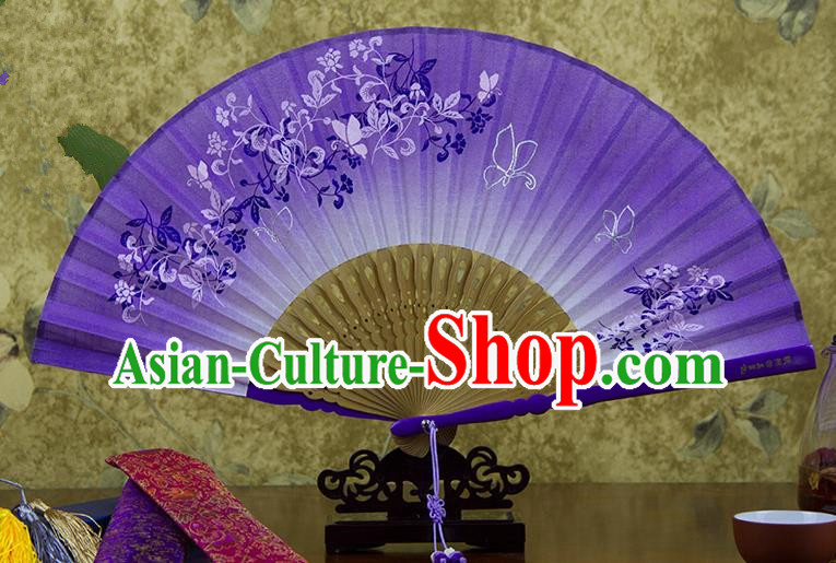 Traditional Chinese Handmade Crafts Printing Flower Folding Fan, China Classical Linen Sensu Purple Fan Hanfu Fans for Women