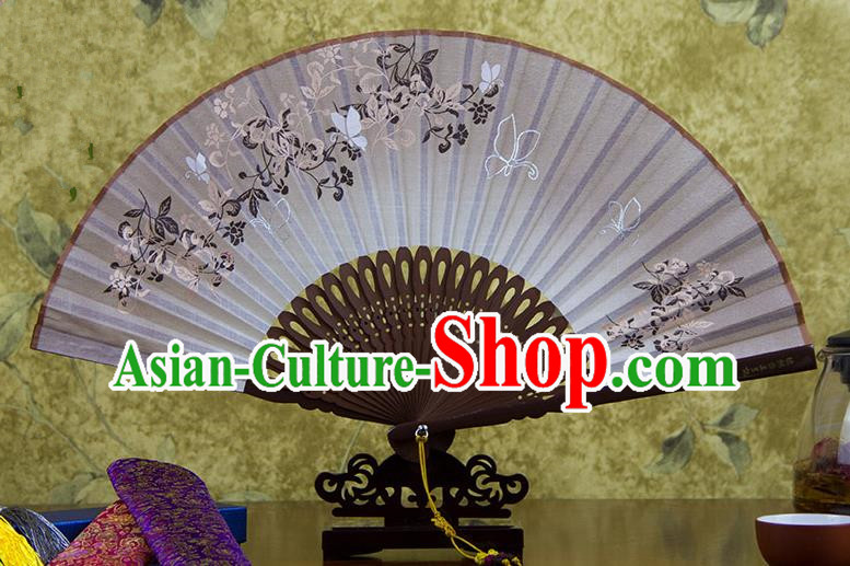 Traditional Chinese Handmade Crafts Printing Flower Folding Fan, China Classical Linen Sensu Brown Fan Hanfu Fans for Women