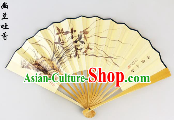 Traditional Chinese Handmade Crafts Pure Silk Folding Fan, China Classical Sensu Ink Painting Orchid Fan Hanfu Fans for Men