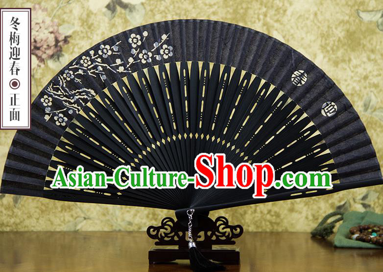 Traditional Chinese Handmade Crafts Silk Folding Fan, China Classical Sensu Printing Winter Plum Fan Hanfu Fans for Men