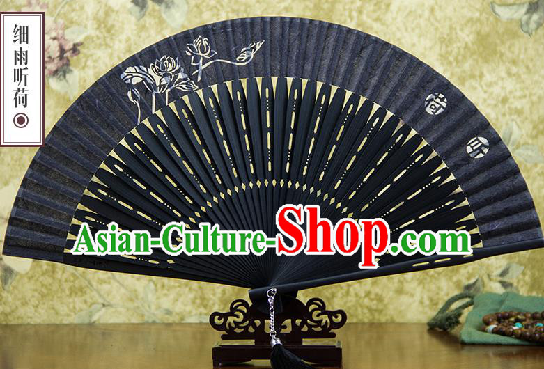 Traditional Chinese Handmade Crafts Silk Folding Fan, China Classical Sensu Printing Lotus Fan Hanfu Fans for Men