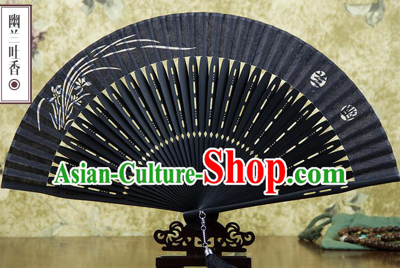 Traditional Chinese Handmade Crafts Silk Folding Fan, China Classical Sensu Printing Orchid Fan Hanfu Fans for Men