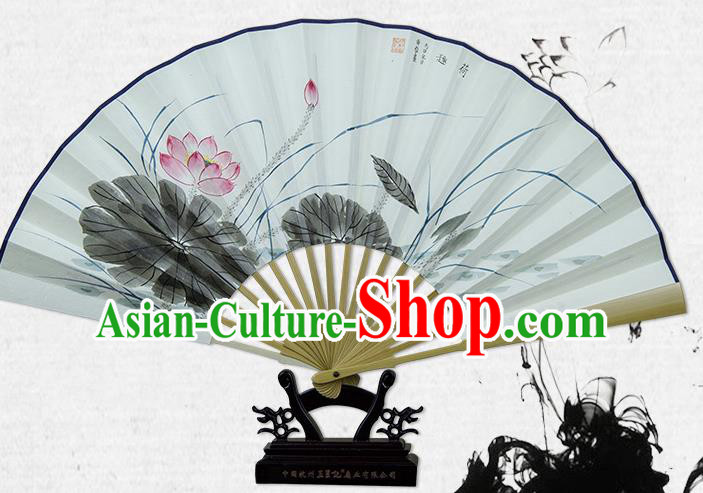 Traditional Chinese Handmade Crafts Xuan Paper Folding Fan, China Classical Art Paper Sensu Ink Painting Lotus Fan Hanfu Fans for Men