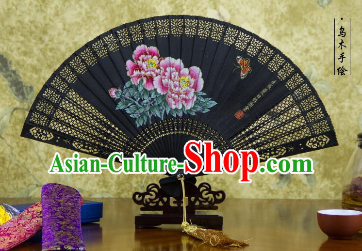 Traditional Chinese Handmade Crafts Ebomy Folding Fan, China Classical Hand Painting Peony Sensu Hollow Out Fan Hanfu Fans for Women