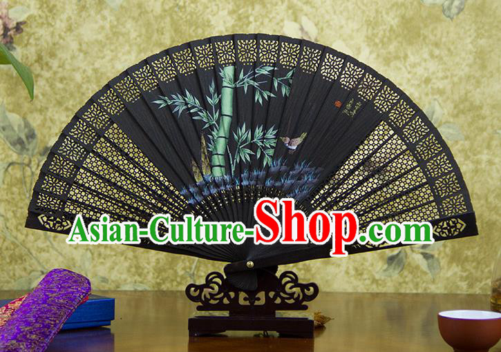 Traditional Chinese Handmade Crafts Ebomy Folding Fan, China Classical Hand Painting Bamboo Sensu Hollow Out Fan Hanfu Fans for Women