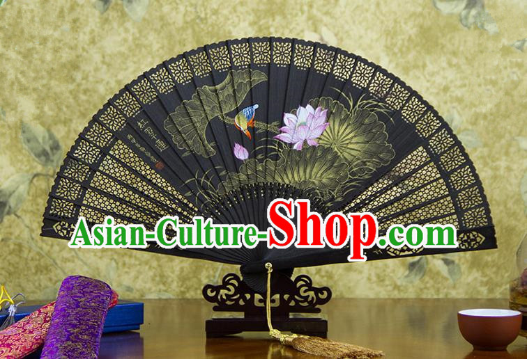 Traditional Chinese Handmade Crafts Ebomy Folding Fan, China Classical Hand Painting Lotus Bird Sensu Hollow Out Fan Hanfu Fans for Women