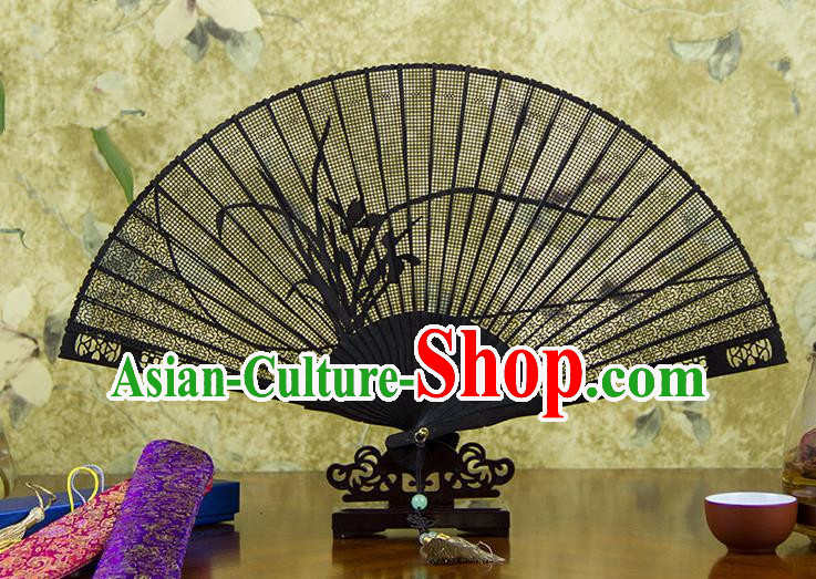 Traditional Chinese Handmade Crafts Ebomy Folding Fan, China Classical Sensu Hollow Out Orchid Fan Hanfu Fans for Women