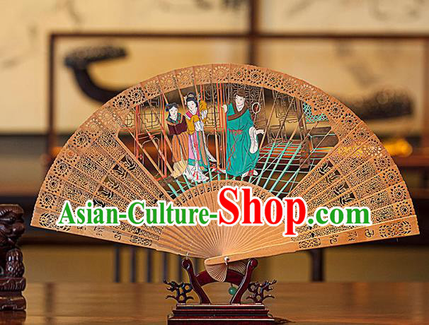 Traditional Chinese Handmade Crafts Hand Painting Romance of the Western Chamber Folding Fan, China Classical Sensu Hollow Out Red Sandal Wood Fan Hanfu Fans for Women