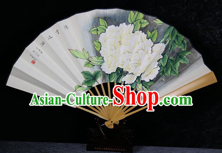 Traditional Chinese Handmade Crafts Water Jade Bone Folding Fan, China Classical Art Paper Hand Painting Peony Sensu Xuan Paper Fan Hanfu Fans for Men