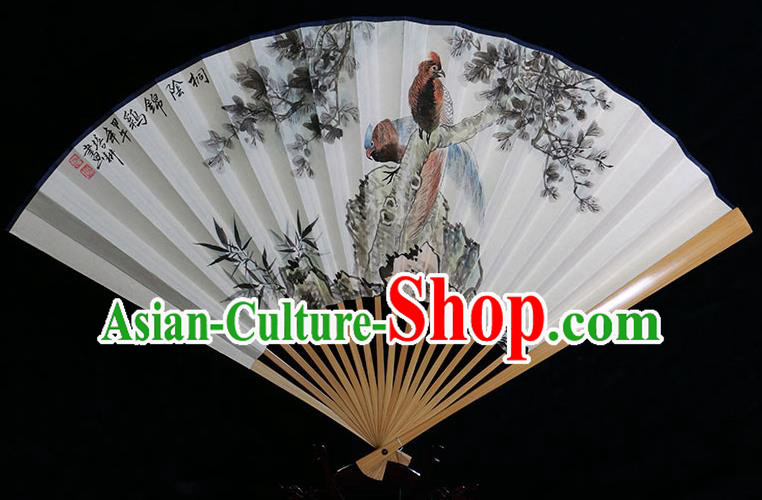 Traditional Chinese Handmade Crafts Water Jade Bone Folding Fan, China Classical Art Paper Hand Painting Golden Pheasant Sensu Xuan Paper Fan Hanfu Fans for Men