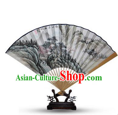 Traditional Chinese Handmade Crafts Water Jade Bone Folding Fan, China Classical Art Paper Hand Painting Landscape Scenery Sensu Xuan Paper Fan Hanfu Fans for Men