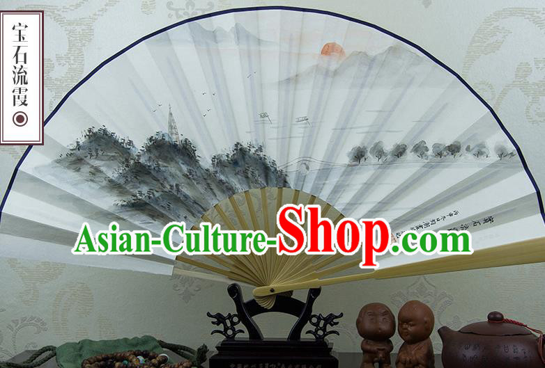 Traditional Chinese Handmade Crafts Xuan Paper Folding Fan, China Classical Art Paper Sensu Ink Painting West Lake Sunset Glow Fan Hanfu Fans for Men