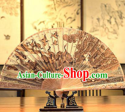 Traditional Chinese Handmade Crafts India Sandalwood Folding Fan Collectibles, China Classical Hollow out Sensu Cranes Fan Hanfu Fans for Men