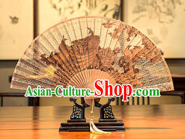 Traditional Chinese Handmade Crafts India Sandalwood Folding Fan Collectibles, China Classical Hollow out Sensu Peacocks Fan Hanfu Fans for Women