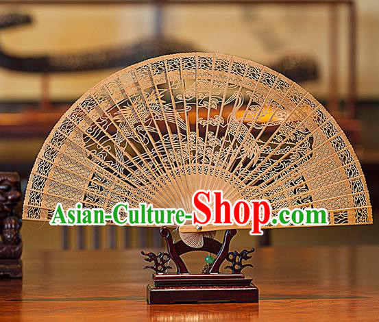 Traditional Chinese Handmade Crafts India Sandalwood Folding Fan Collectibles, China Classical Hollow out Sensu Cranes Fan Hanfu Fans for Women