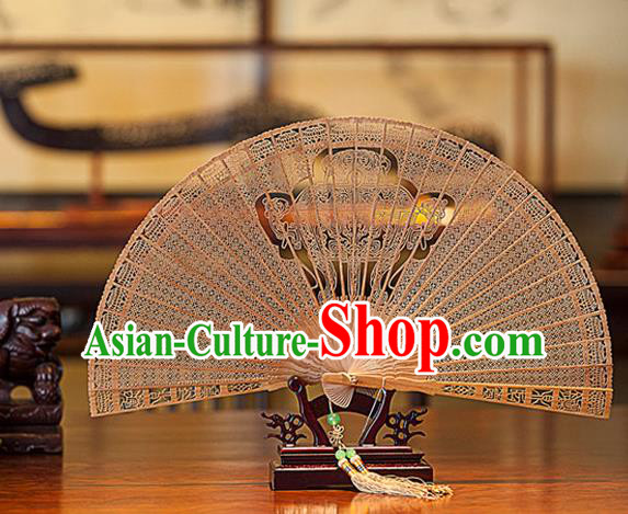 Traditional Chinese Handmade Crafts India Sandalwood Folding Fan Collectibles, China Classical Hollow out Sensu Tripod Stove Fan Hanfu Fans for Women