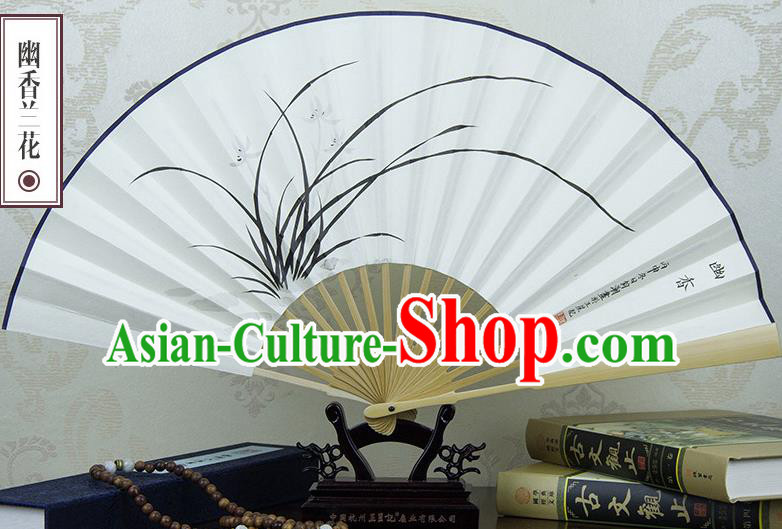 Traditional Chinese Handmade Crafts Xuan Paper Folding Fan, China Classical Art Paper Sensu Ink Painting Orchid Fan Hanfu Fans for Men