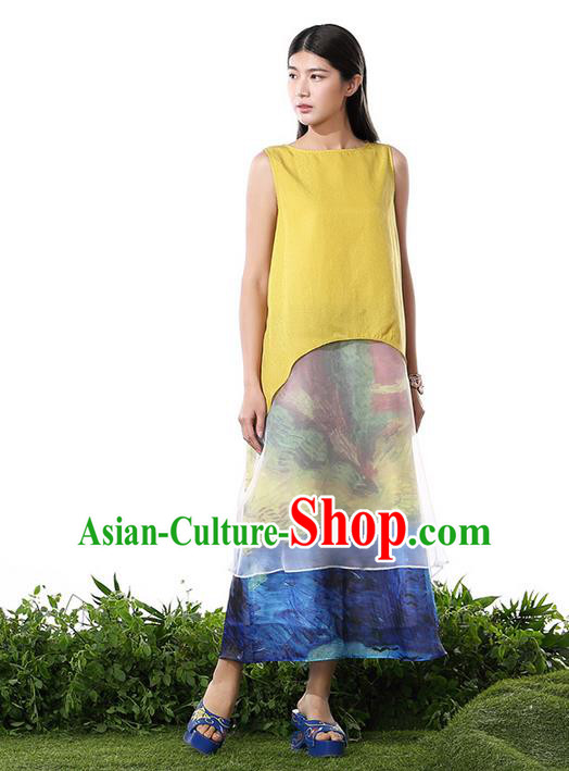 Traditional Chinese Costume Elegant Hanfu Printing Silk Dress, China Tang Suit Cheongsam Yellow Qipao Dress Clothing for Women