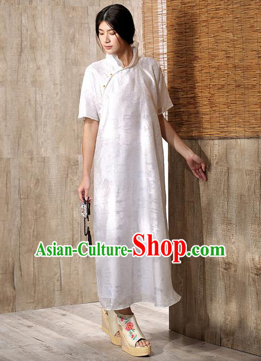 Traditional Chinese Costume Elegant Hanfu Embroidered Dress, China Tang Suit Cheongsam White Qipao Plated Buttons Dress Clothing for Women