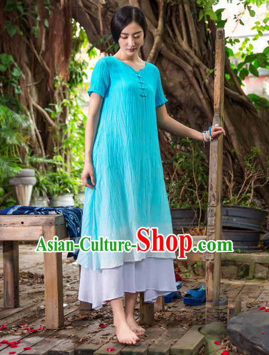 Traditional Chinese Costume Elegant Hanfu Linen Dress, China Tang Suit Cheongsam Blue Qipao Dress Clothing for Women