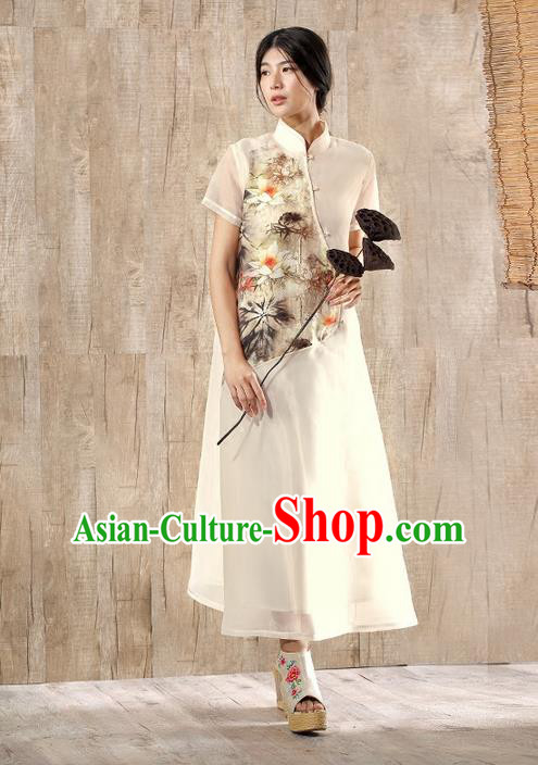 Traditional Chinese Costume Elegant Hanfu Printing Lotus Silk Dress, China Tang Suit Plated Buttons Cheongsam Beige Qipao Dress Clothing for Women