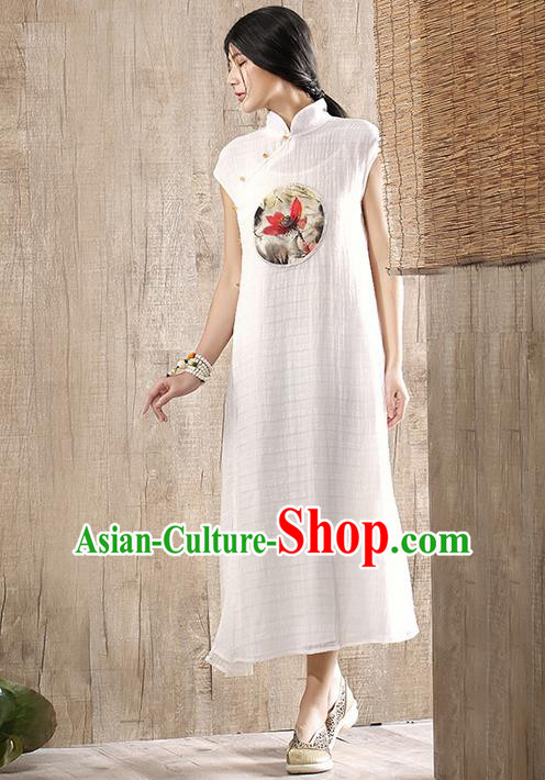 Traditional Chinese Costume Elegant Hanfu Printing Lotus Linen Dress, China Tang Suit Plated Buttons Cheongsam White Qipao Dress Clothing for Women