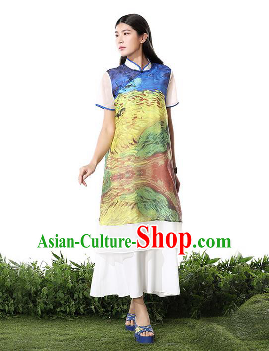 Traditional Chinese Costume Elegant Hanfu Printing Chiffon Dress, China Tang Suit Plated Buttons Cheongsam Qipao Dress Clothing for Women