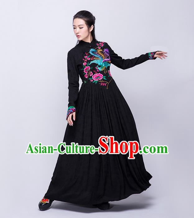 Traditional Chinese Costume Elegant Hanfu Embroidered Dress, China Tang Suit Plated Buttons Cheongsam Black Qipao Dress Clothing for Women