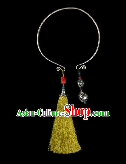 Traditional Chinese Accessories National Necklace, China Miao Sliver Tassel Colored Glaze Necklet for Women