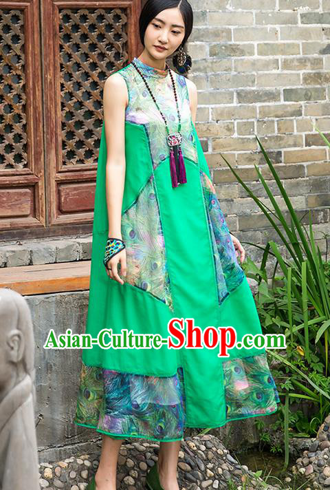 Traditional Chinese Costume Elegant Hanfu Printing Flowers Green Dress, China Tang Suit Cheongsam Qipao Dress Clothing for Women