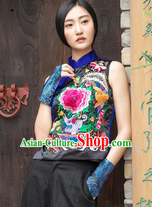 Traditional Ancient Chinese National Costume, Elegant Hanfu Embroidered Shirt, China Tang Suit Blouse Blue Plated Buttons Vest for Women