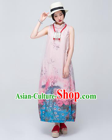 Traditional Chinese Costume Elegant Hanfu Printing Linen Dress, China Tang Suit Cheongsam Qipao Pink Dress Clothing for Women