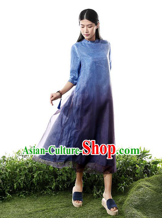 Traditional Chinese Costume Elegant Hanfu Printing Silk Dress, China Tang Suit Cheongsam Blue Qipao Dress Clothing for Women