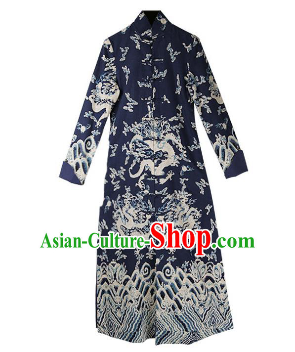 Traditional Chinese Costume Elegant Hanfu Printing Pattern Dress, China Tang Suit Plated Buttons Cheongsam Navy Qipao Dress Clothing for Women