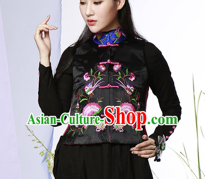 Traditional Ancient Chinese National Costume, Elegant Hanfu Embroidered Shirt, China Tang Suit Blouse Black Plated Buttons Vest for Women