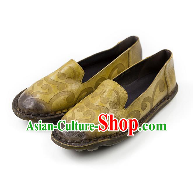 Traditional Chinese Shoes Embroidered Shoes Yellow Cow Leather Hanfu Shoes for Women