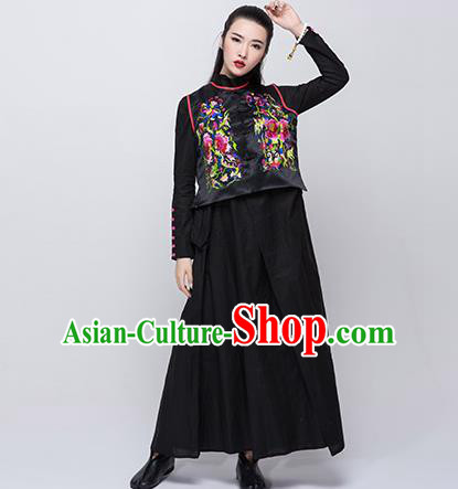 Traditional Ancient Chinese National Costume, Elegant Hanfu Embroidered Waistcoat, China Tang Suit Blouse Black Plated Buttons Vest for Women