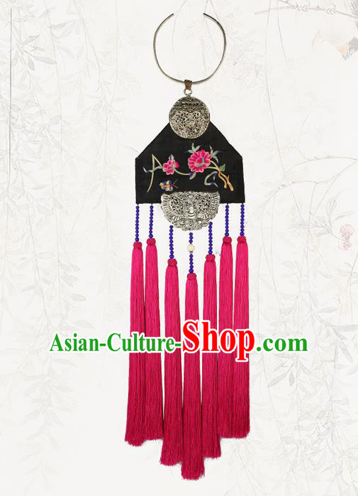 Traditional Chinese Accessories National Embroidered Necklace, China Miao Sliver Tassel Necklet for Women