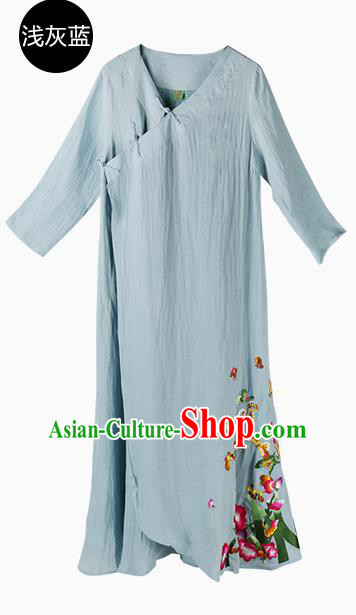 Traditional Chinese Costume Elegant Hanfu Embroidered Dress, China Tang Suit Blue Qipao Dress Clothing for Women